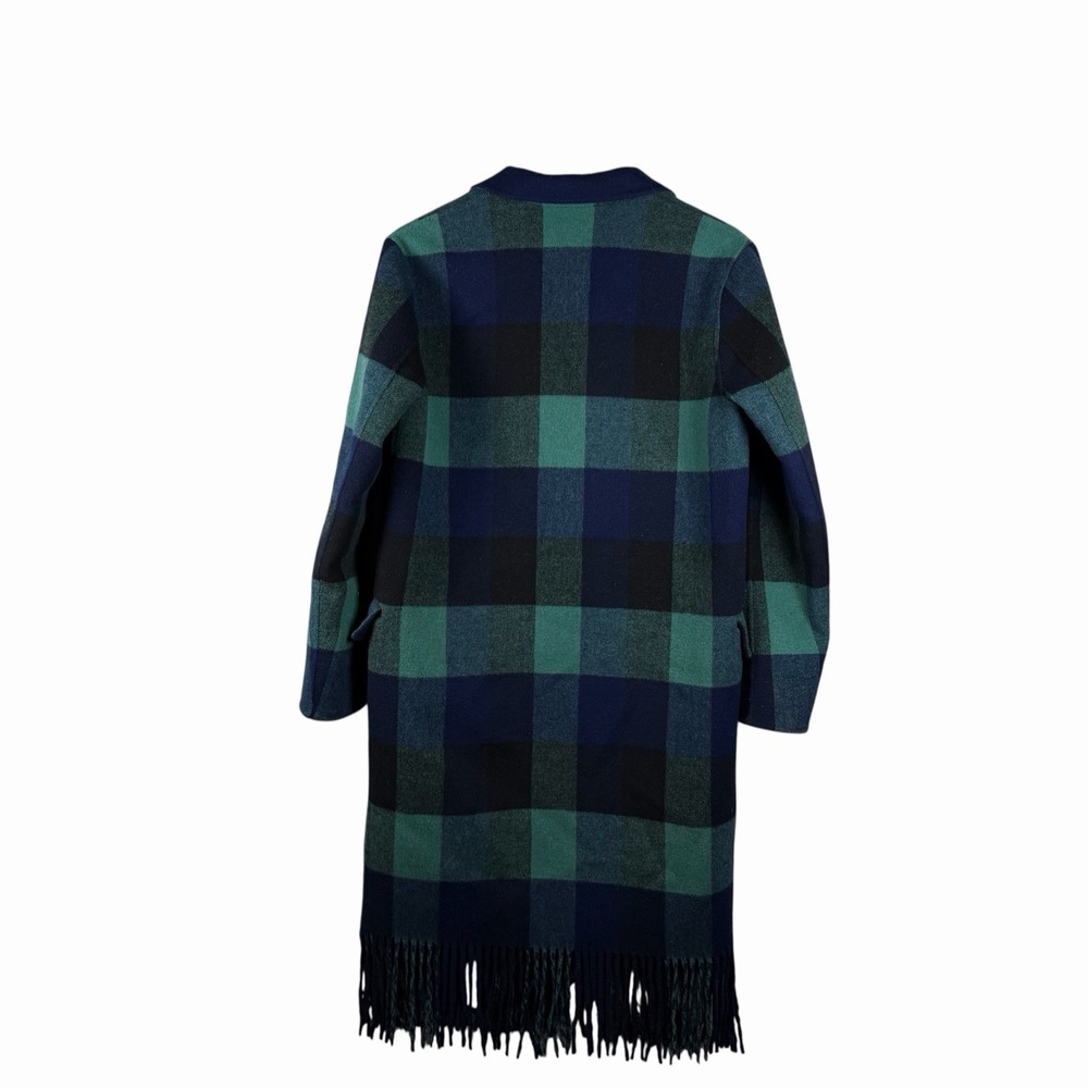 Sandro‎ Paris Tartan Green Blue Fringe Women's Wool Coat - Sz M (approx) - Picture 4 of 7